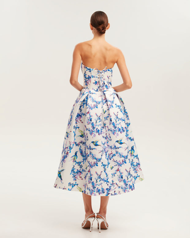 Strapless midi dress with bird and flower print, Garden of Eden