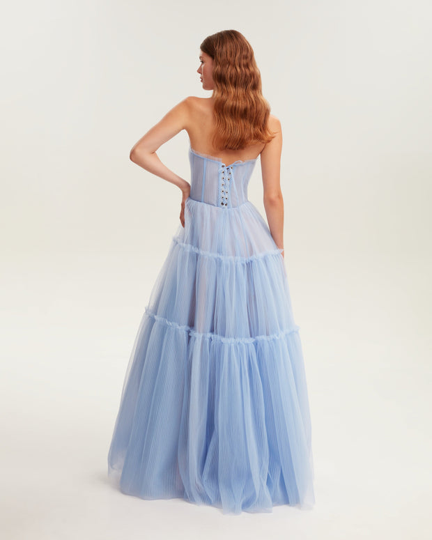 Light blue tulle maxi dress with ruffled skirt, Garden of Eden