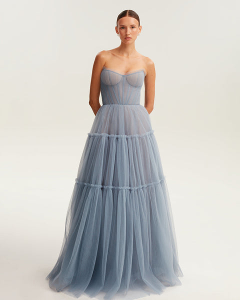 ★riu Rちゃん Tulle docking denim dress ブルー 値下げ riu Rちゃん Tulle docking denim dress - メルカリ