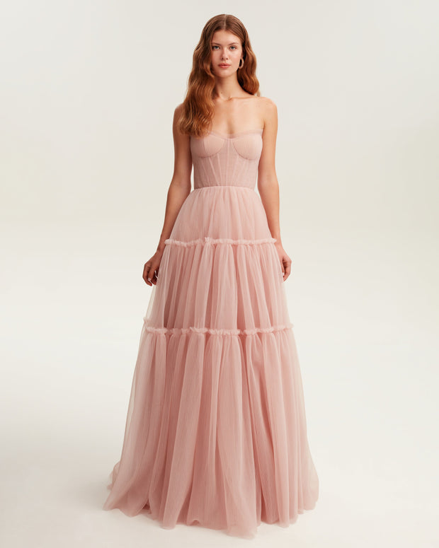 Misty rose tulle maxi dress with ruffled skirt, Garden of Eden