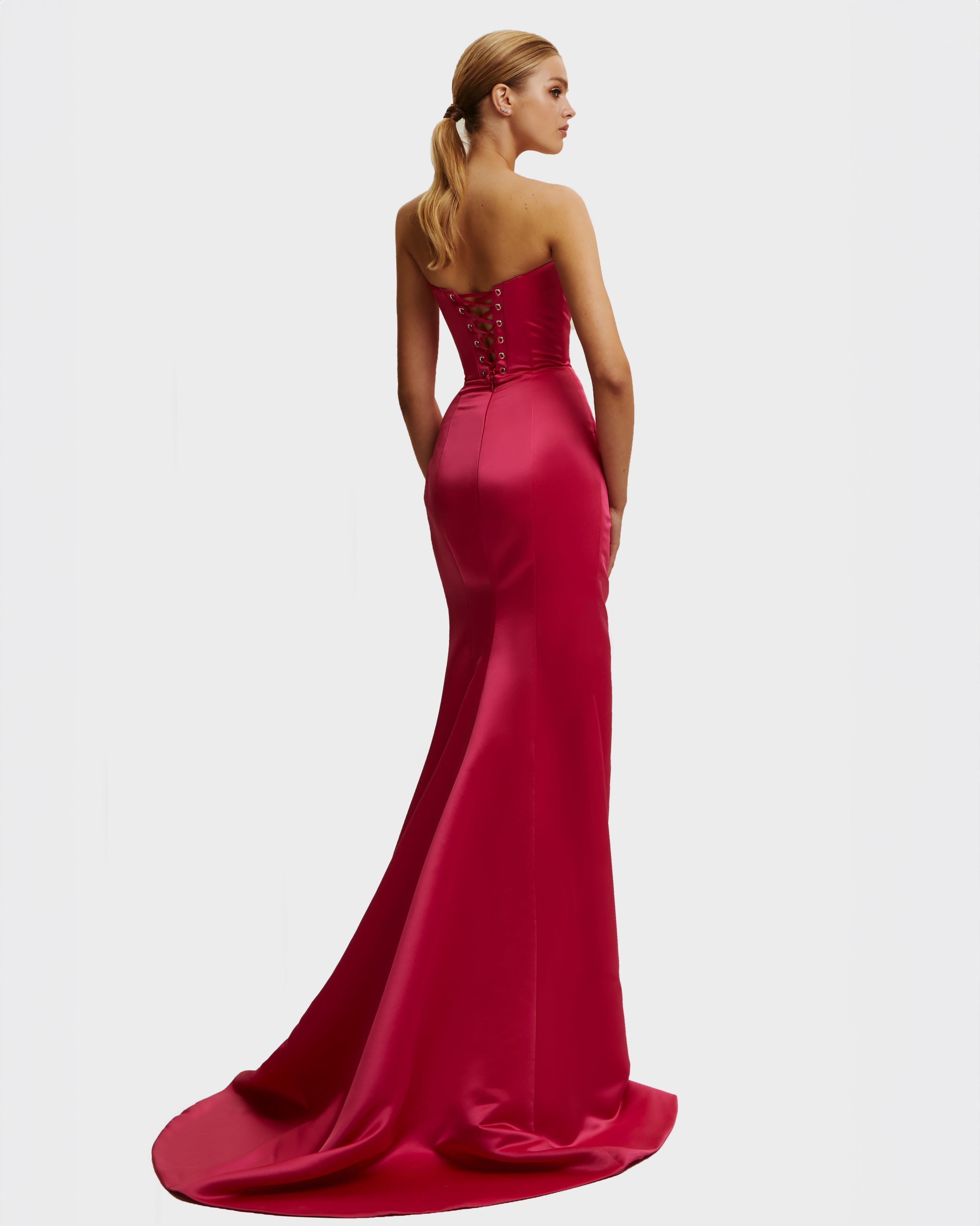 Fuchsia Strapless evening gown with thigh slit