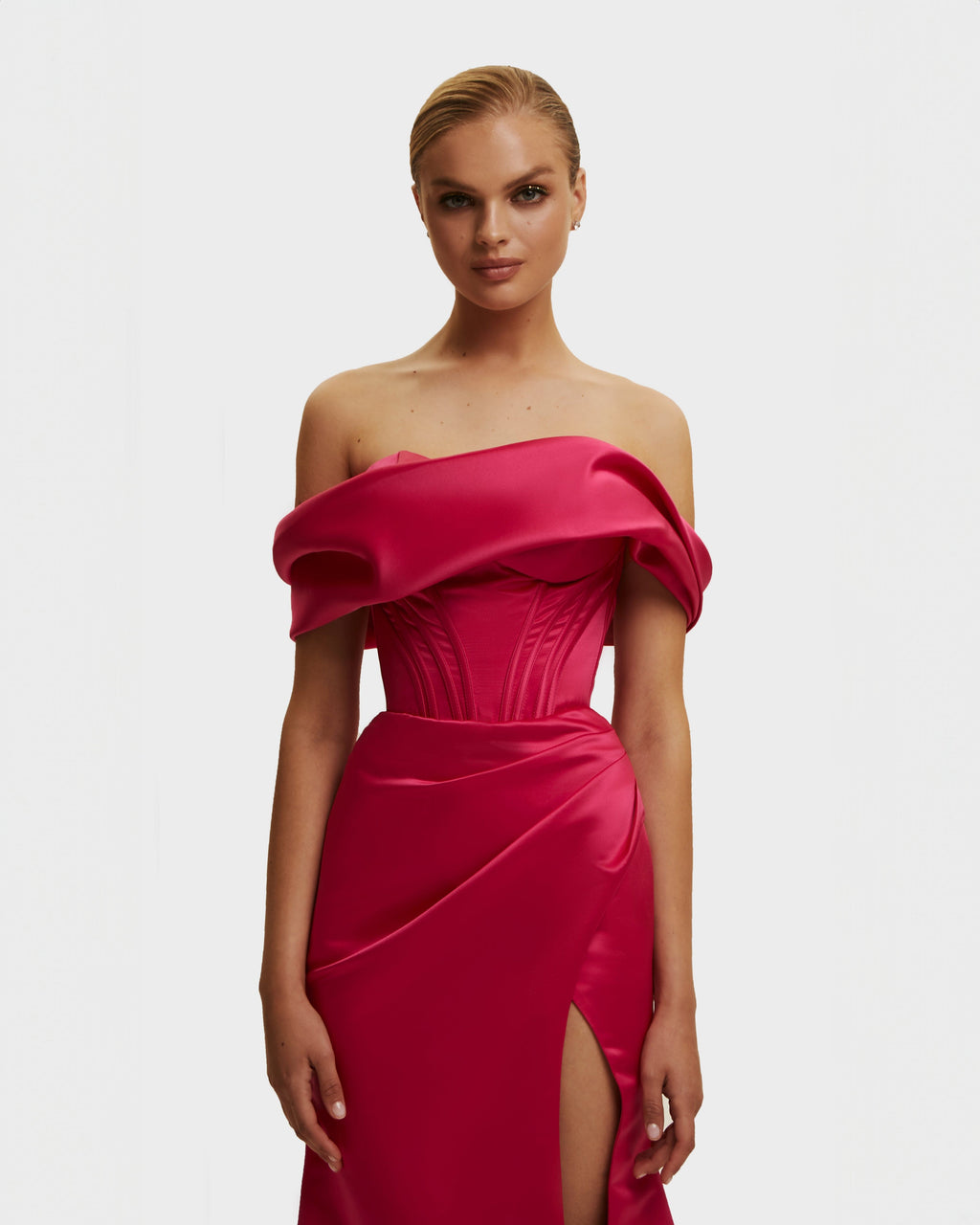 Fuchsia Princess strapless gown with thigh slit