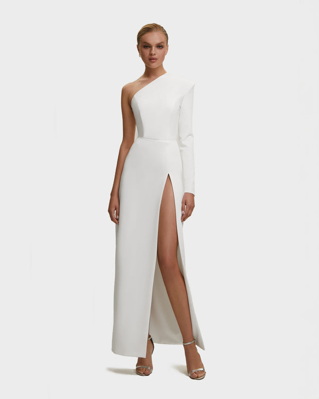 White Long-sleeved dress with sharp shoulder cut