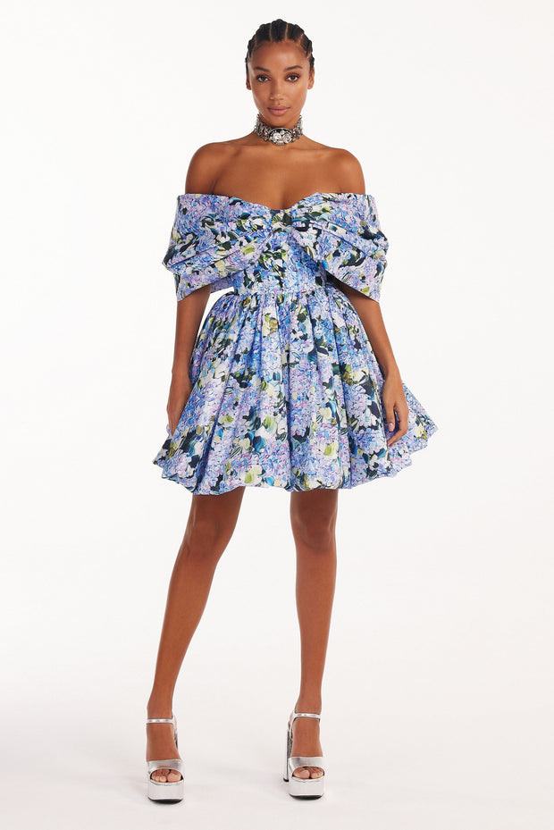 Blue Hydrangea bow-detailed mini dress