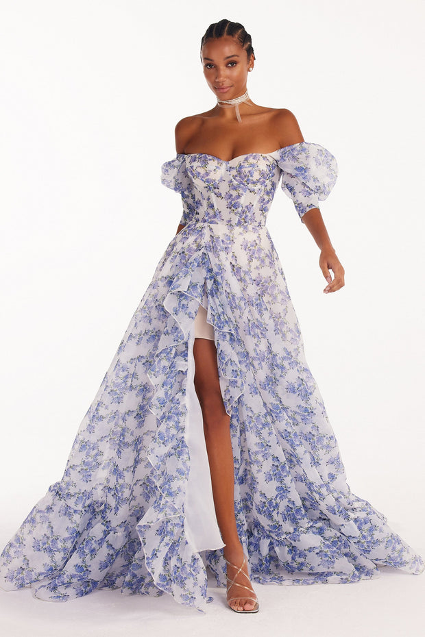  فستان أميرة ماكسي بلون زهرة الكوبية الأزرق 
