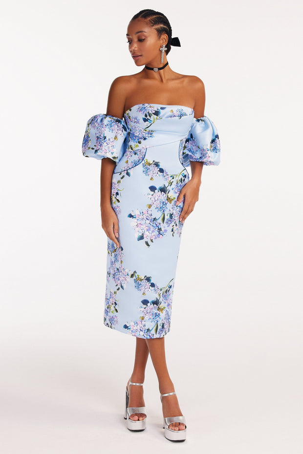 Blue Hydrangea puff-sleeve midi dress