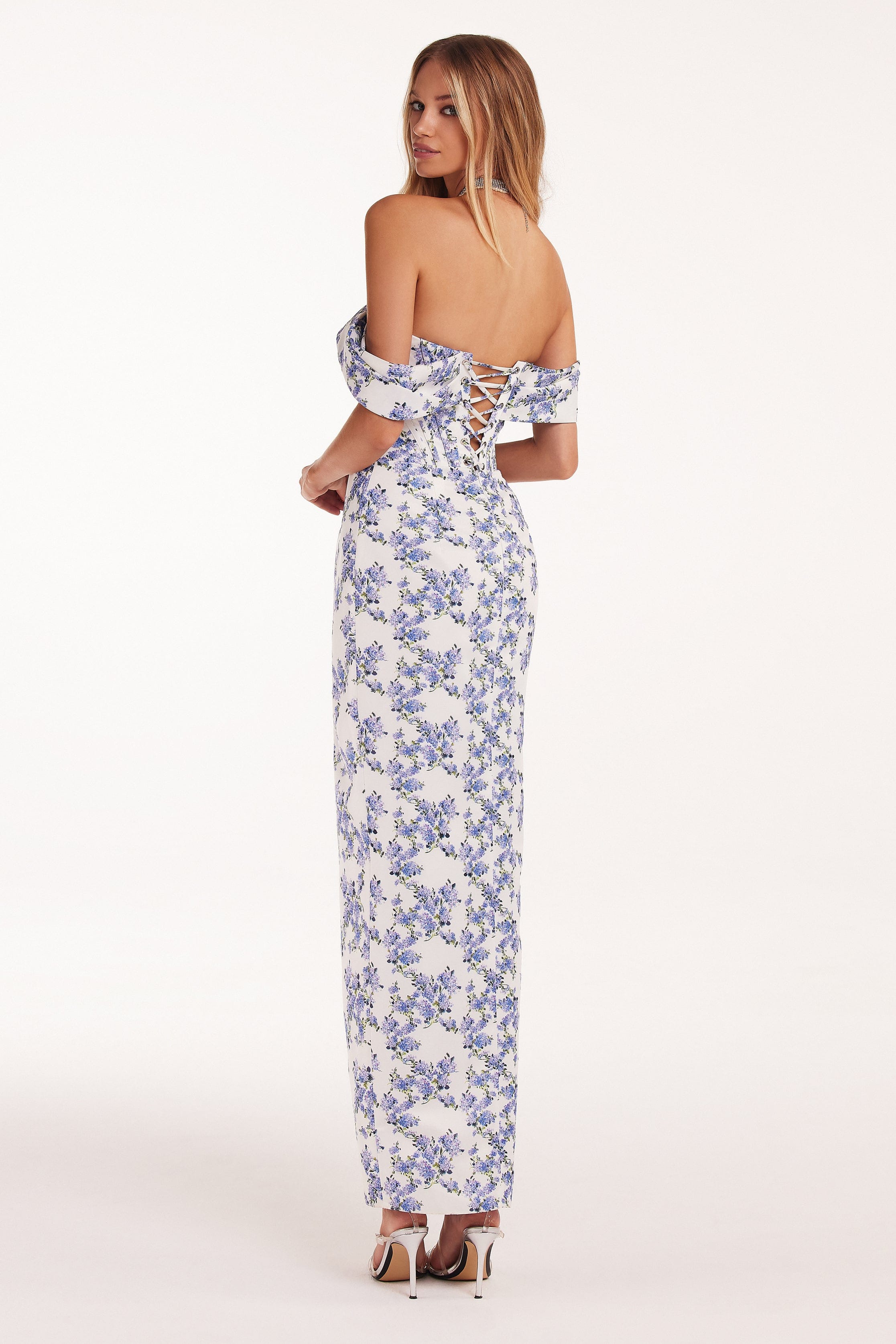 Blue Hydrangea off-shoulder satin dress ➤➤ Milla Dresses - USA, Worldwide  delivery