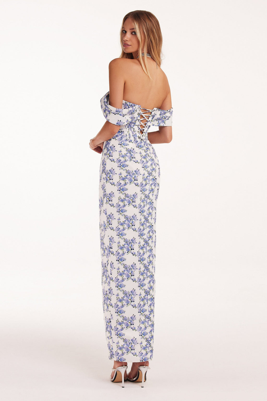 Blue Hydrangea off-shoulder satin dress