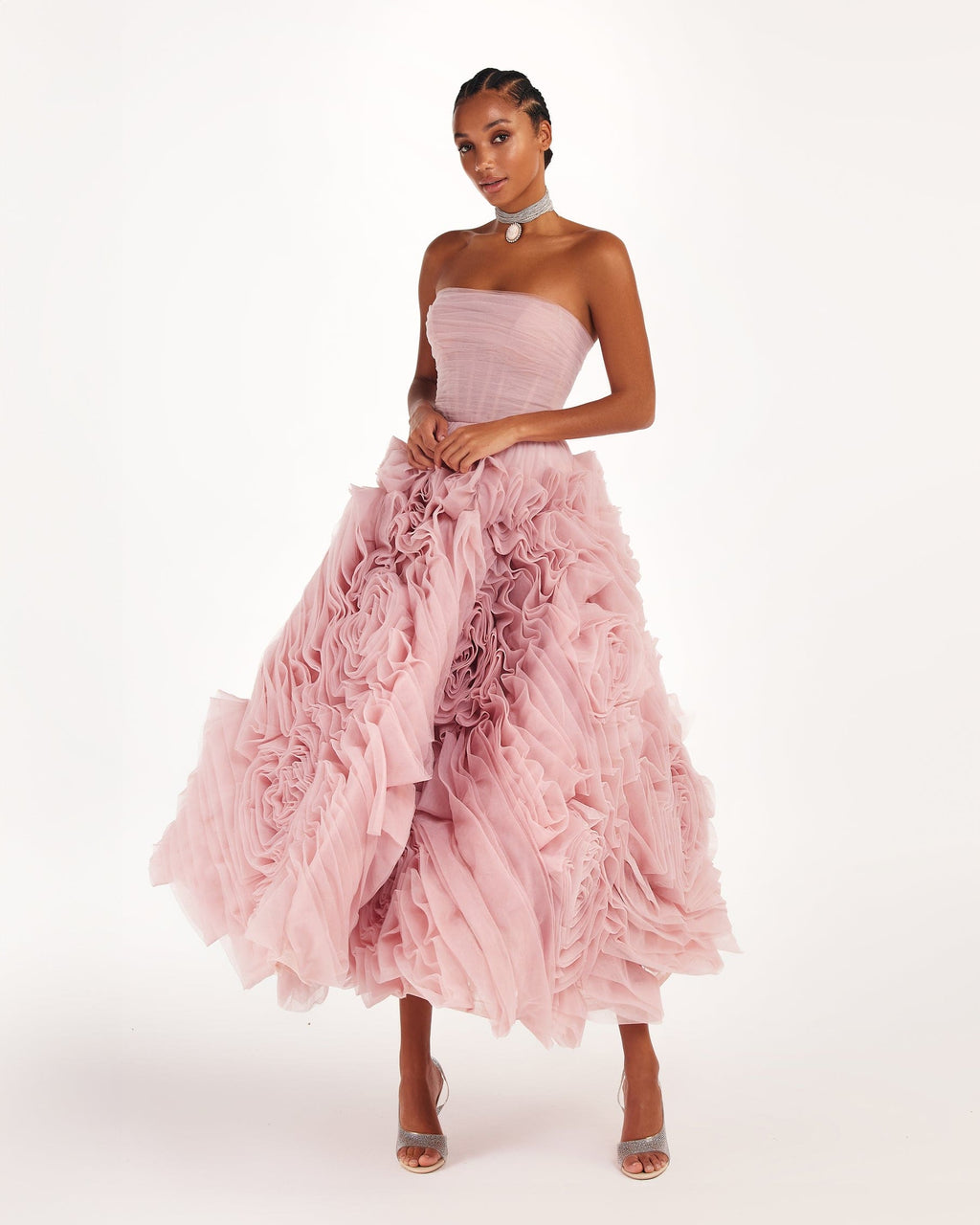 Dramatically flowered tulle dress in misty pink