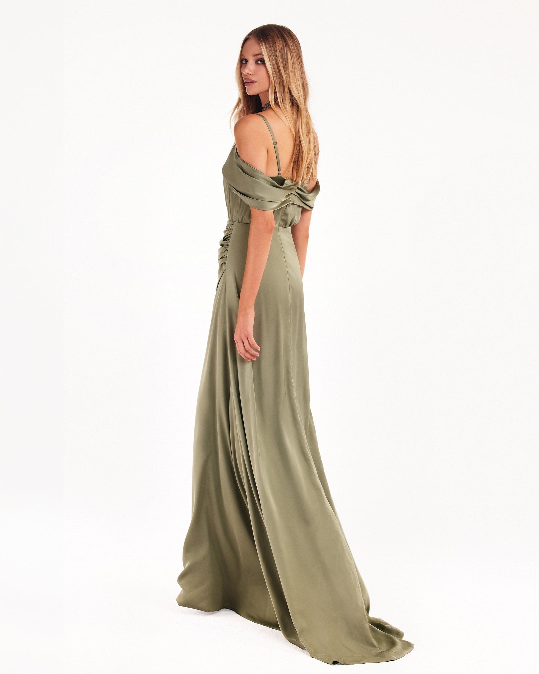 Elegant olive off-the-shoulder silk maxi dress