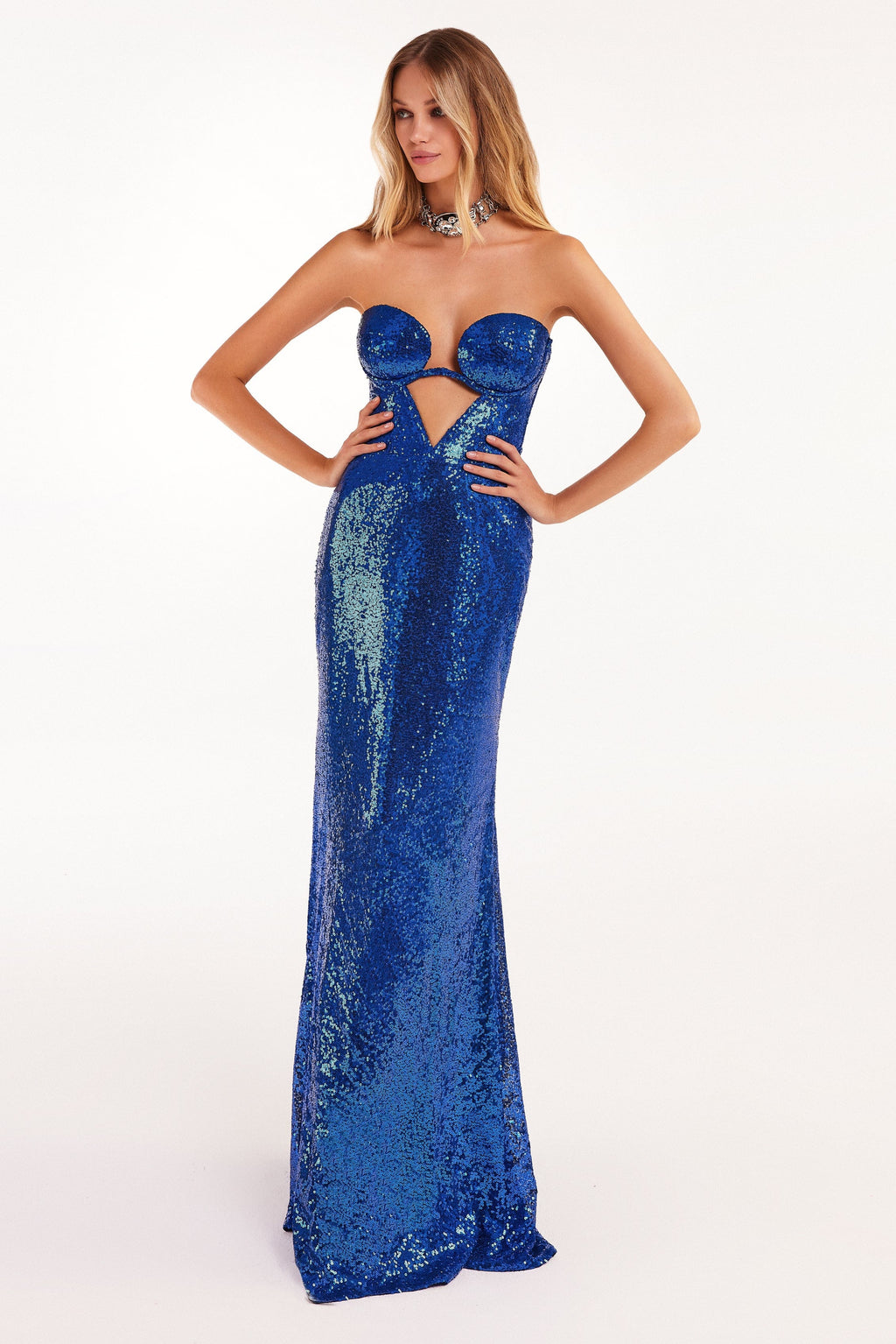 Electric blue maxi dress covered in sequins