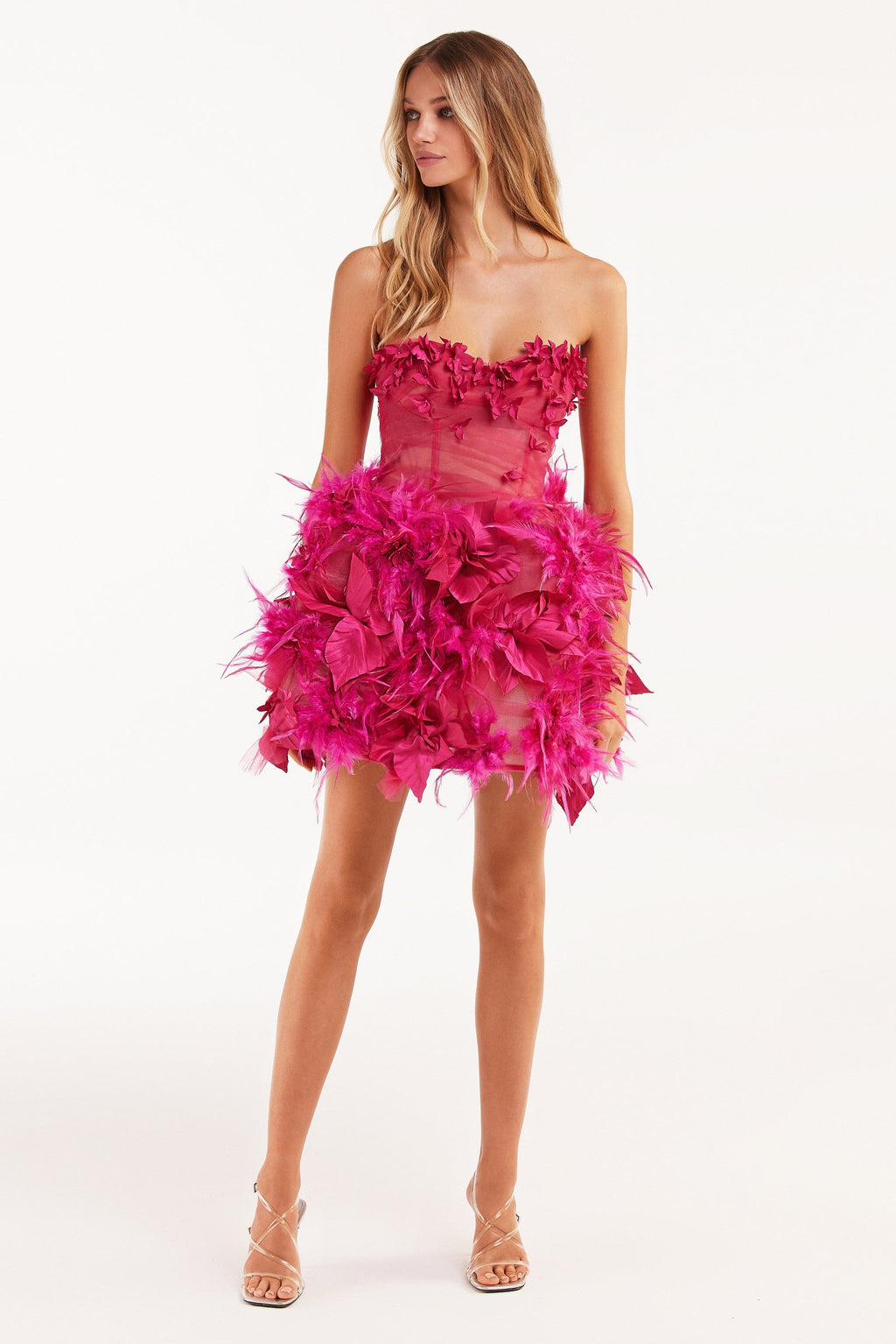 Epic fuchsia tulle mini dress with floral and feather application