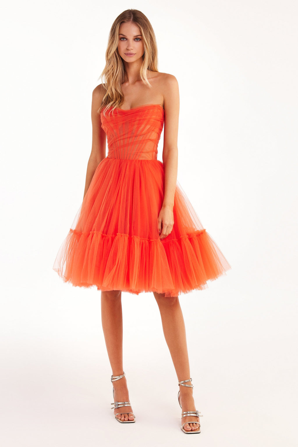 Passion Strapless Tulle mini dress in red coral color