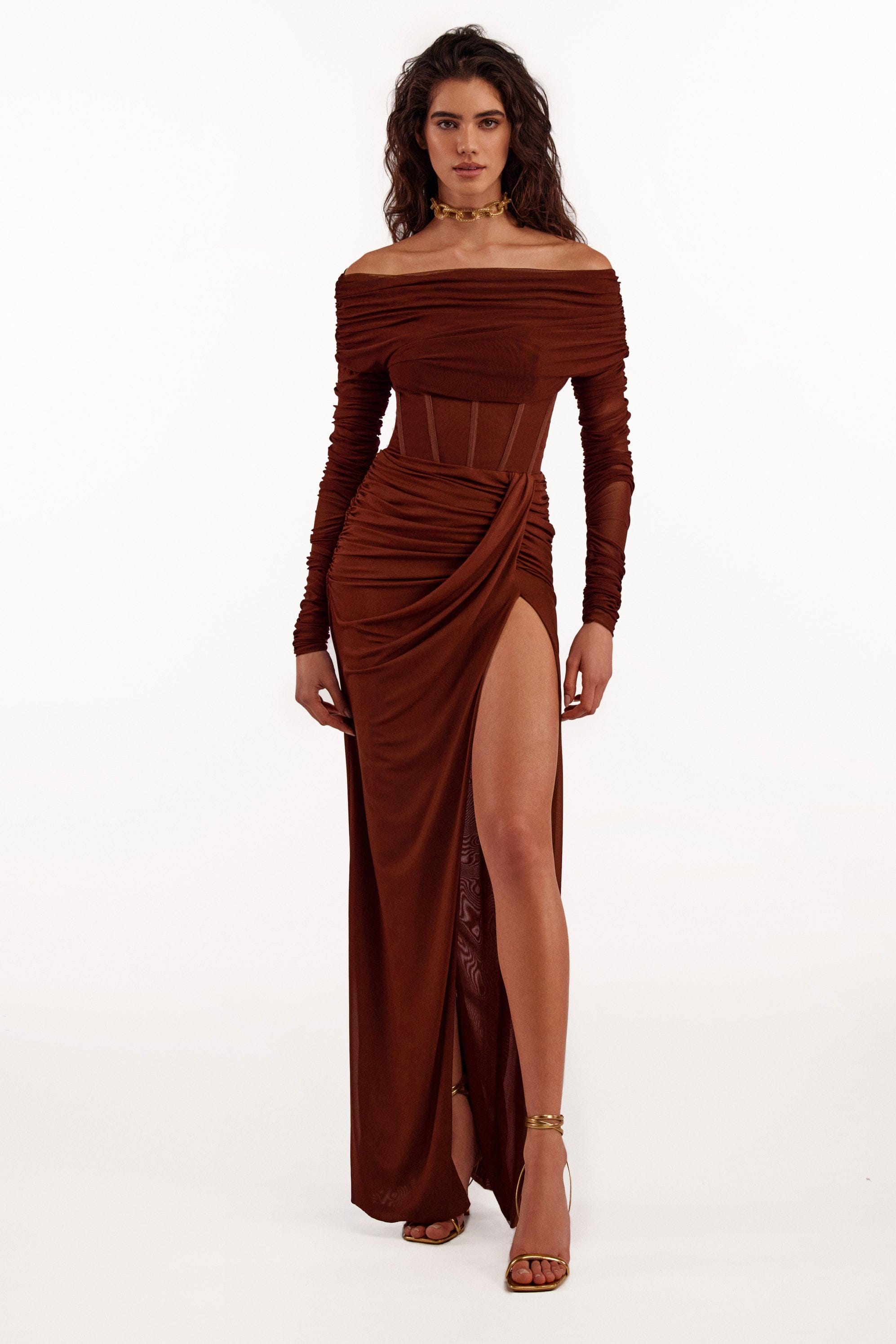 Chocolate off-the-shoulder maxi dress with a thigh slit