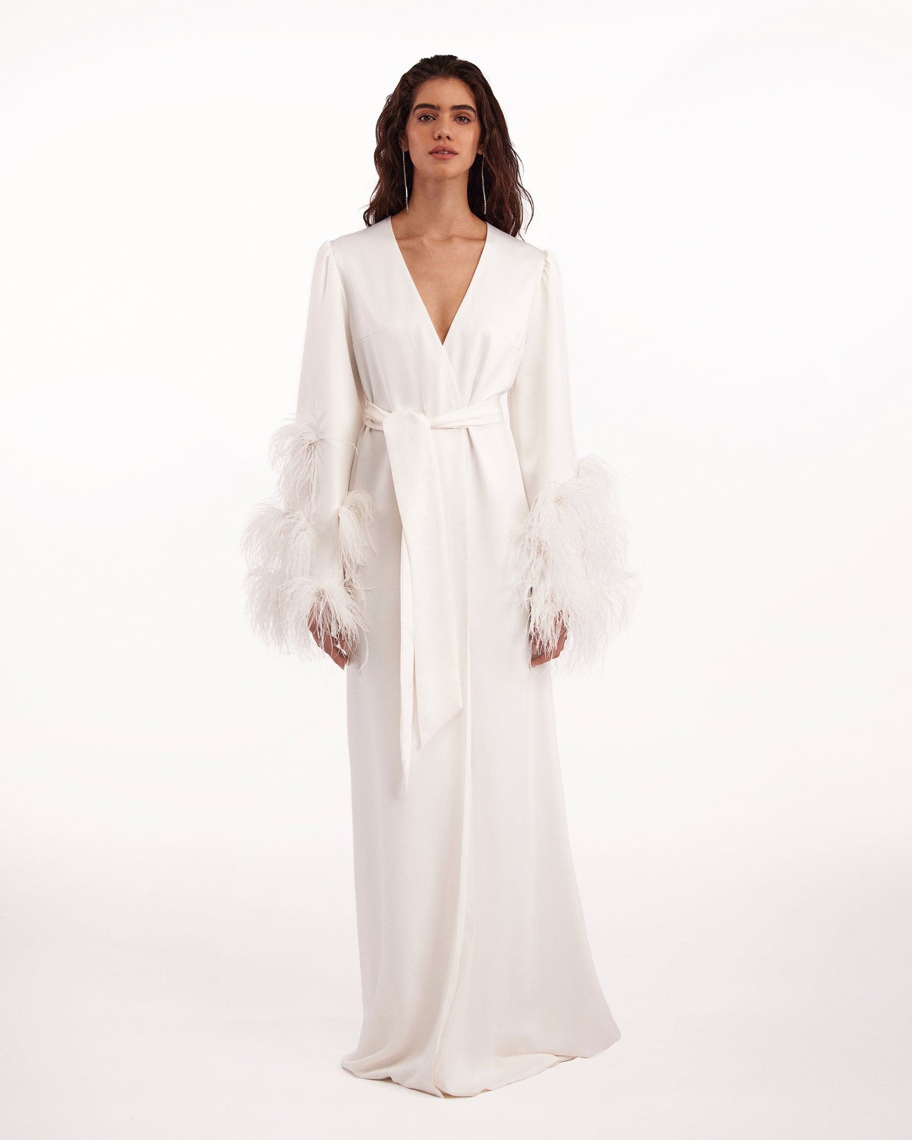 Delicate feather-trimmed satin robe