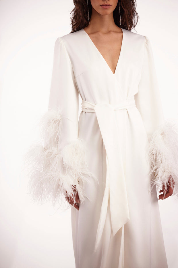 Delicate feather-trimmed satin robe