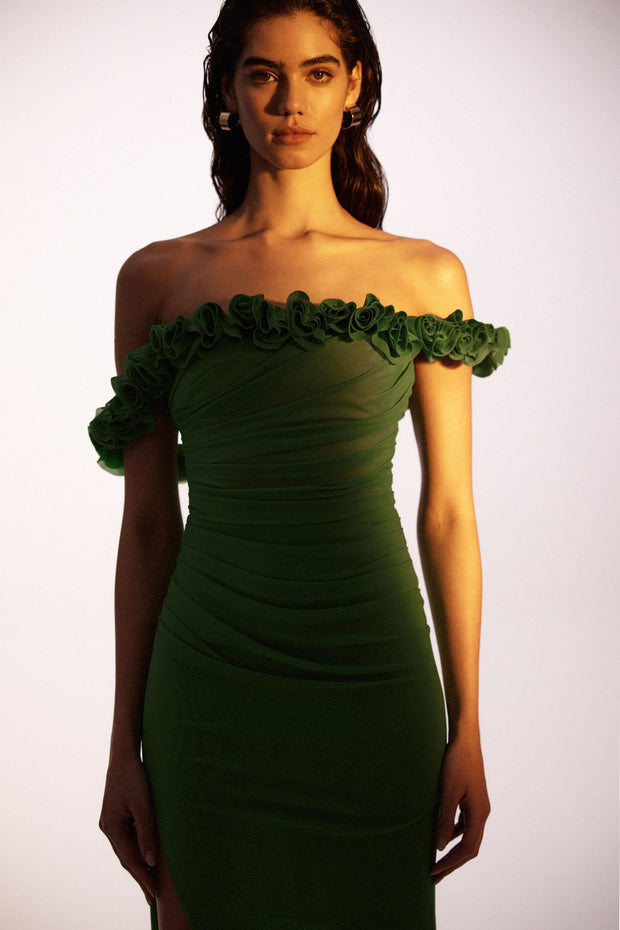 Artful off-the-shoulder evening dress in green