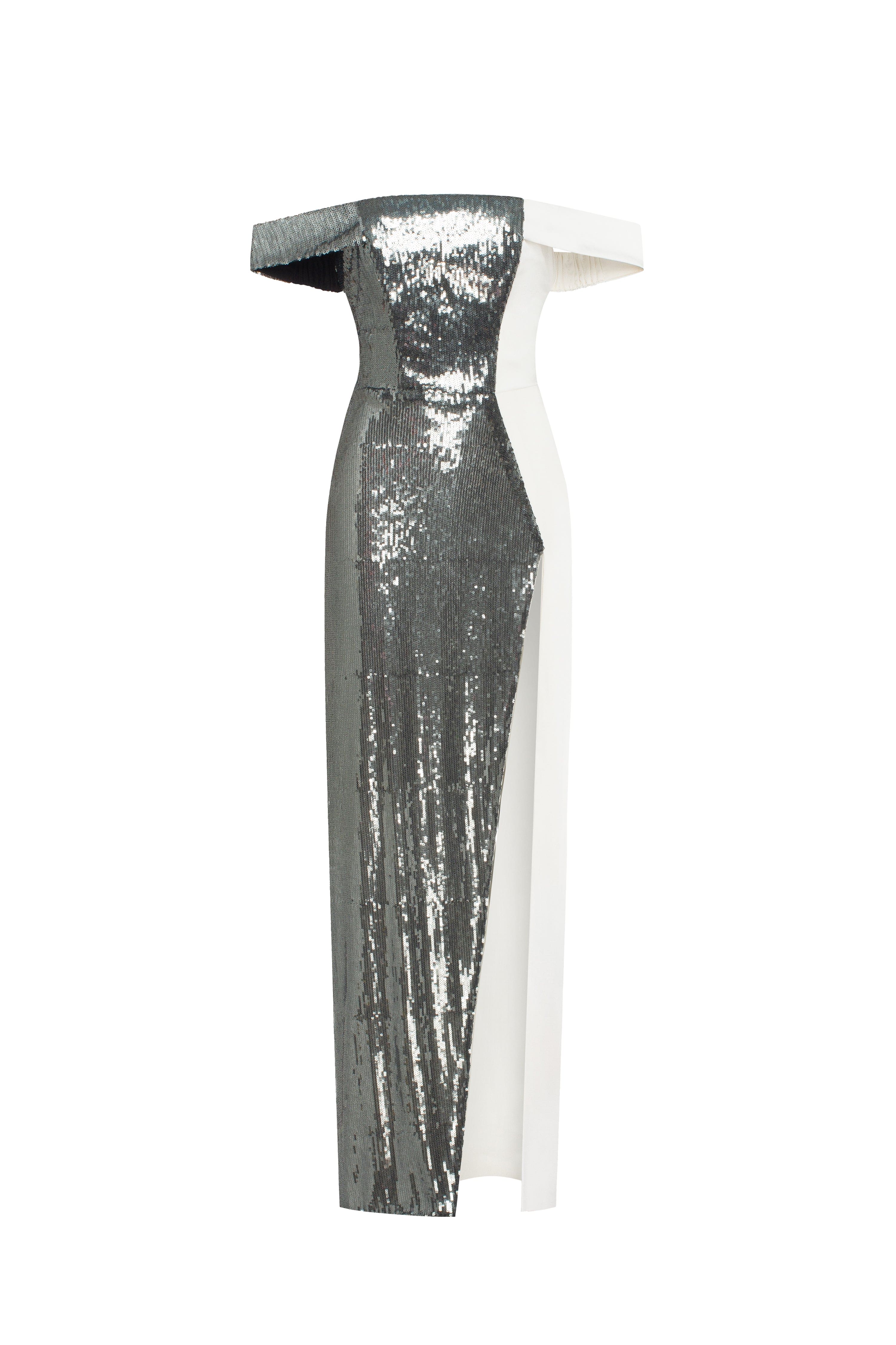 Noteworthy white satin maxi gown covered in silver sequins, Xo Xo Milla ...