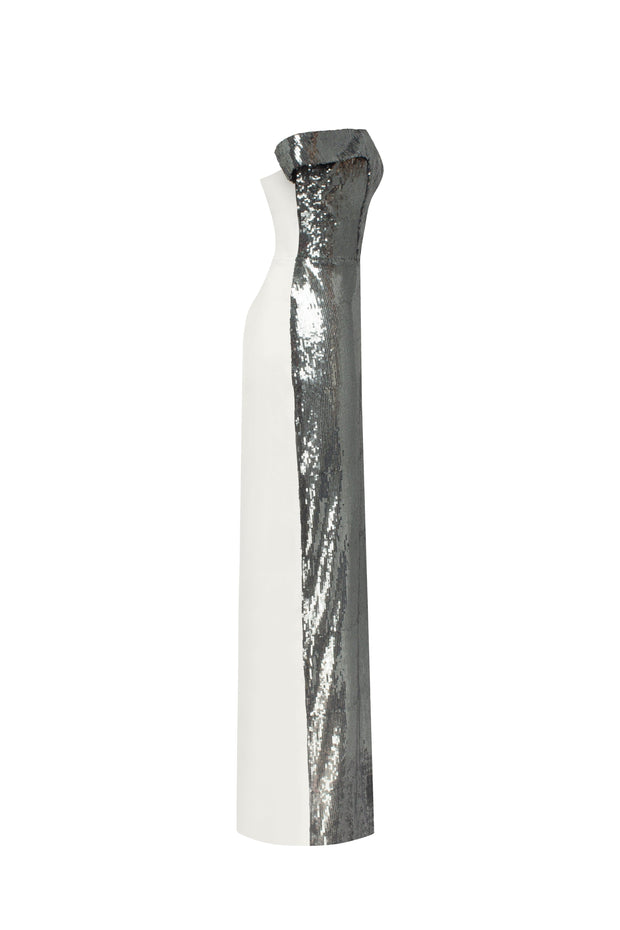Noteworthy white satin maxi gown covered in silver sequins, Xo Xo