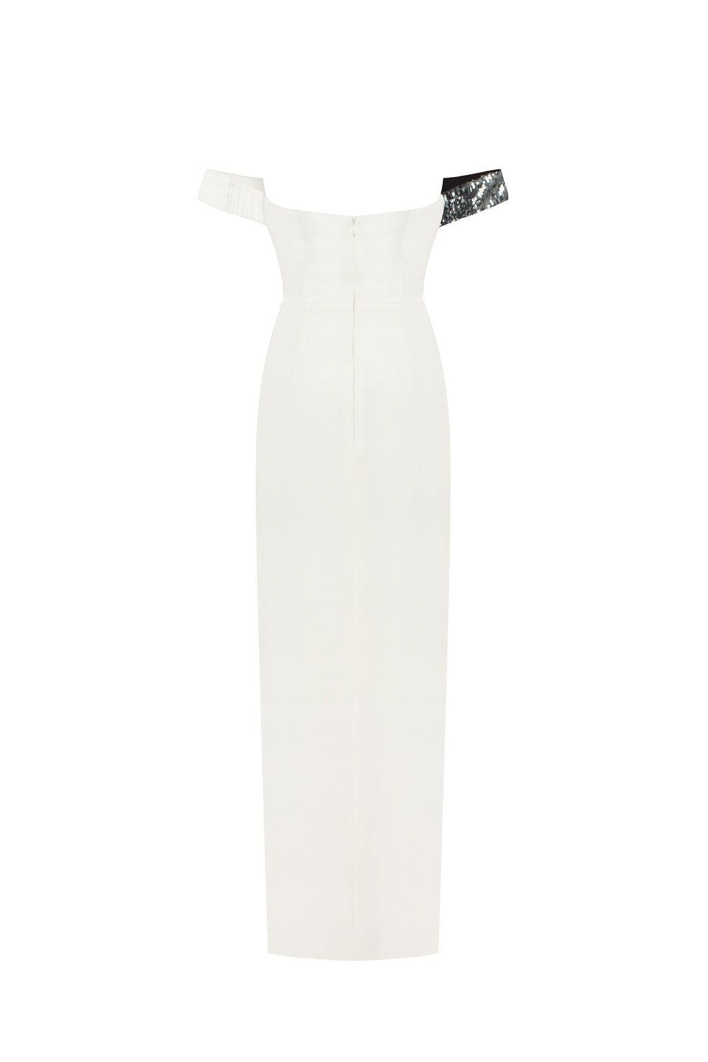 Noteworthy white satin maxi gown covered in silver sequins, Xo Xo