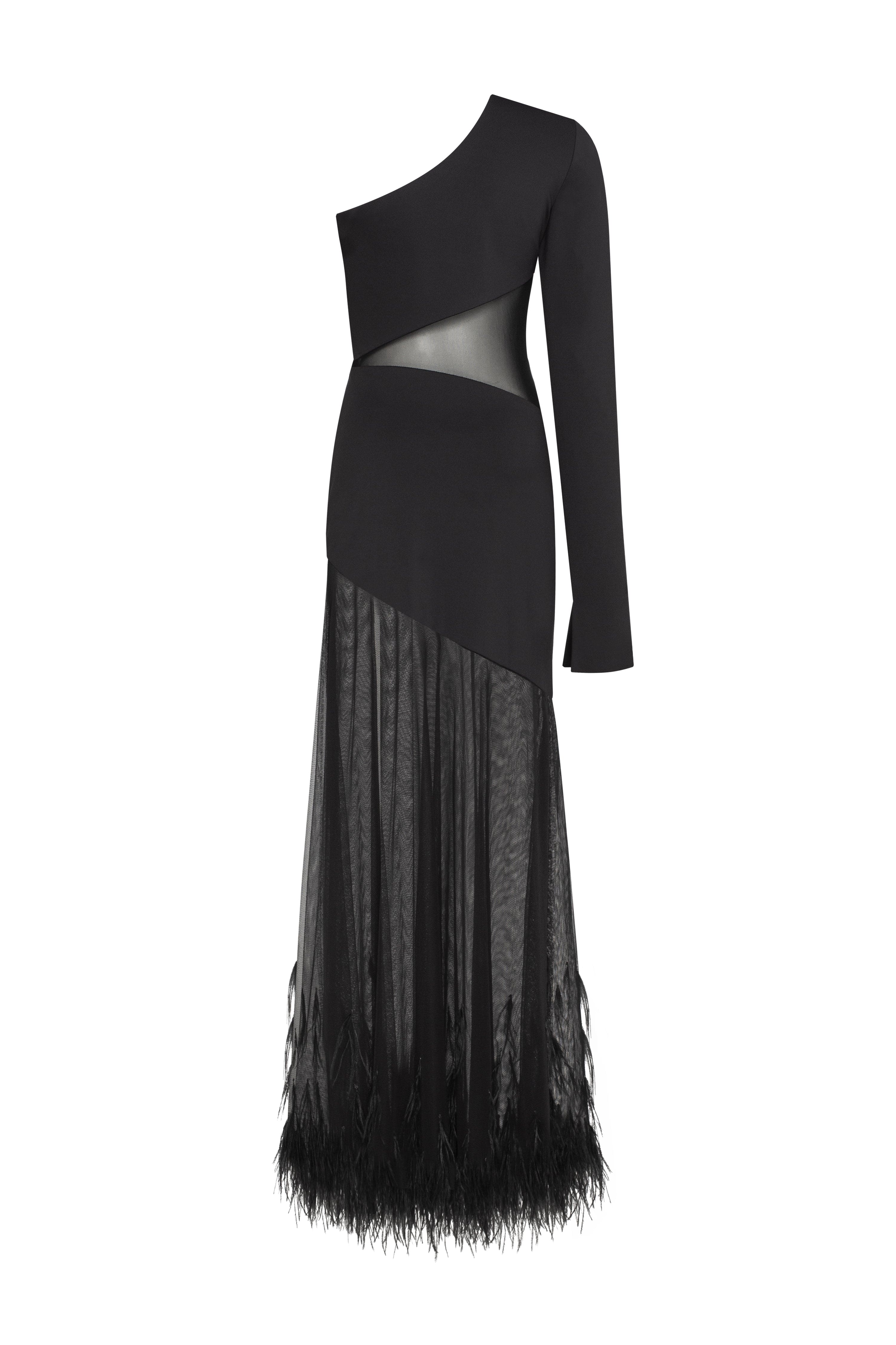 One-shoulder maxi dress with feather-trimmed bottom, Xo Xo