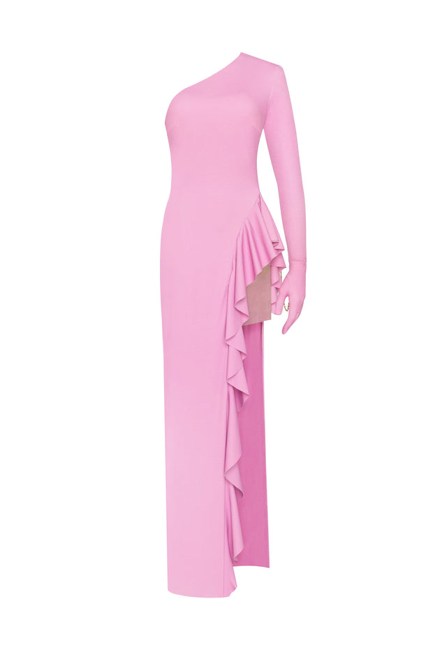 One-shoulder ruffle-trimmed maxi dress in pink, Xo Xo