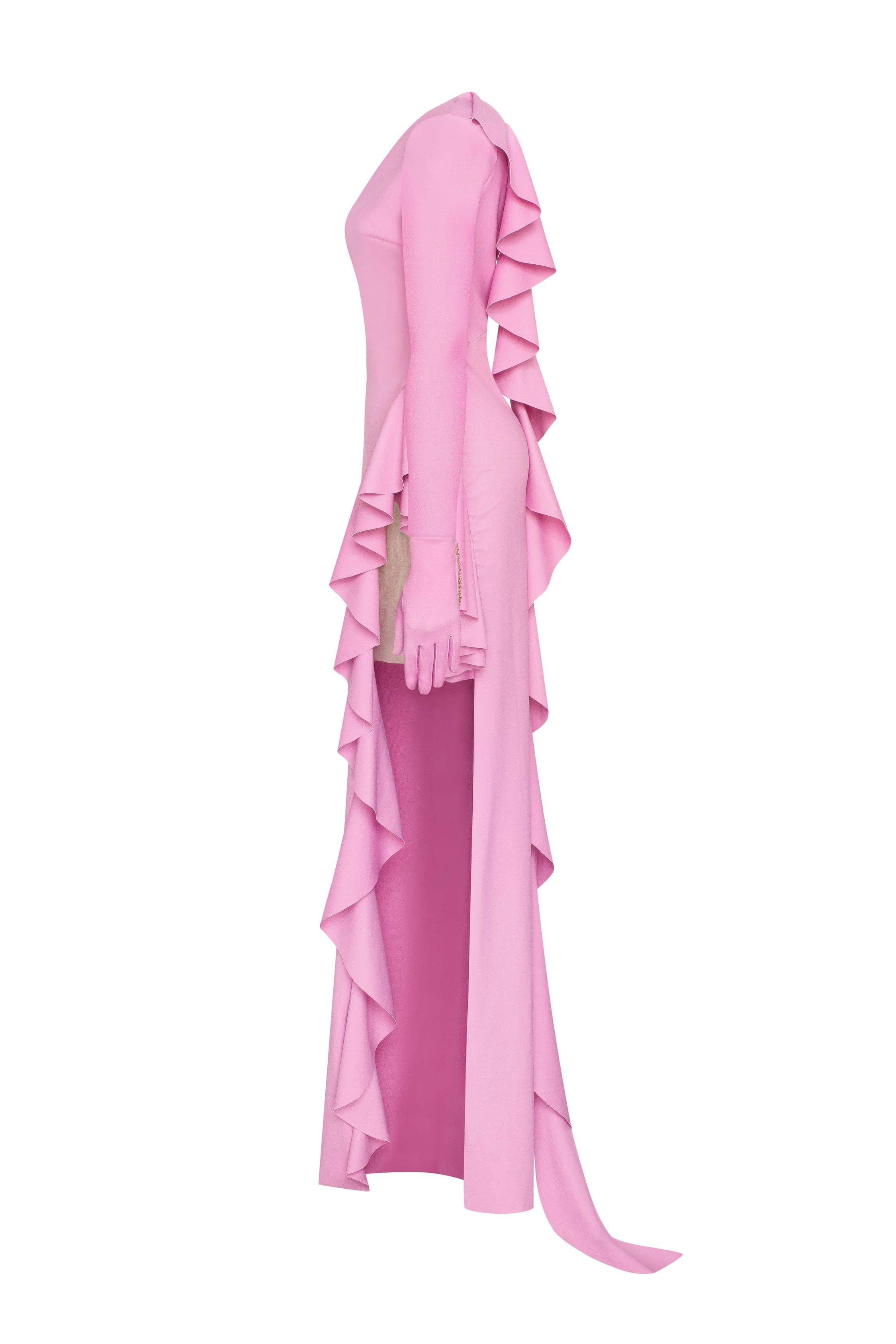 فستان ماكسي بكتف واحد ومكشكش باللون الوردي