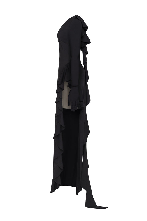 One-shoulder ruffle-trimmed maxi dress in black, Xo Xo