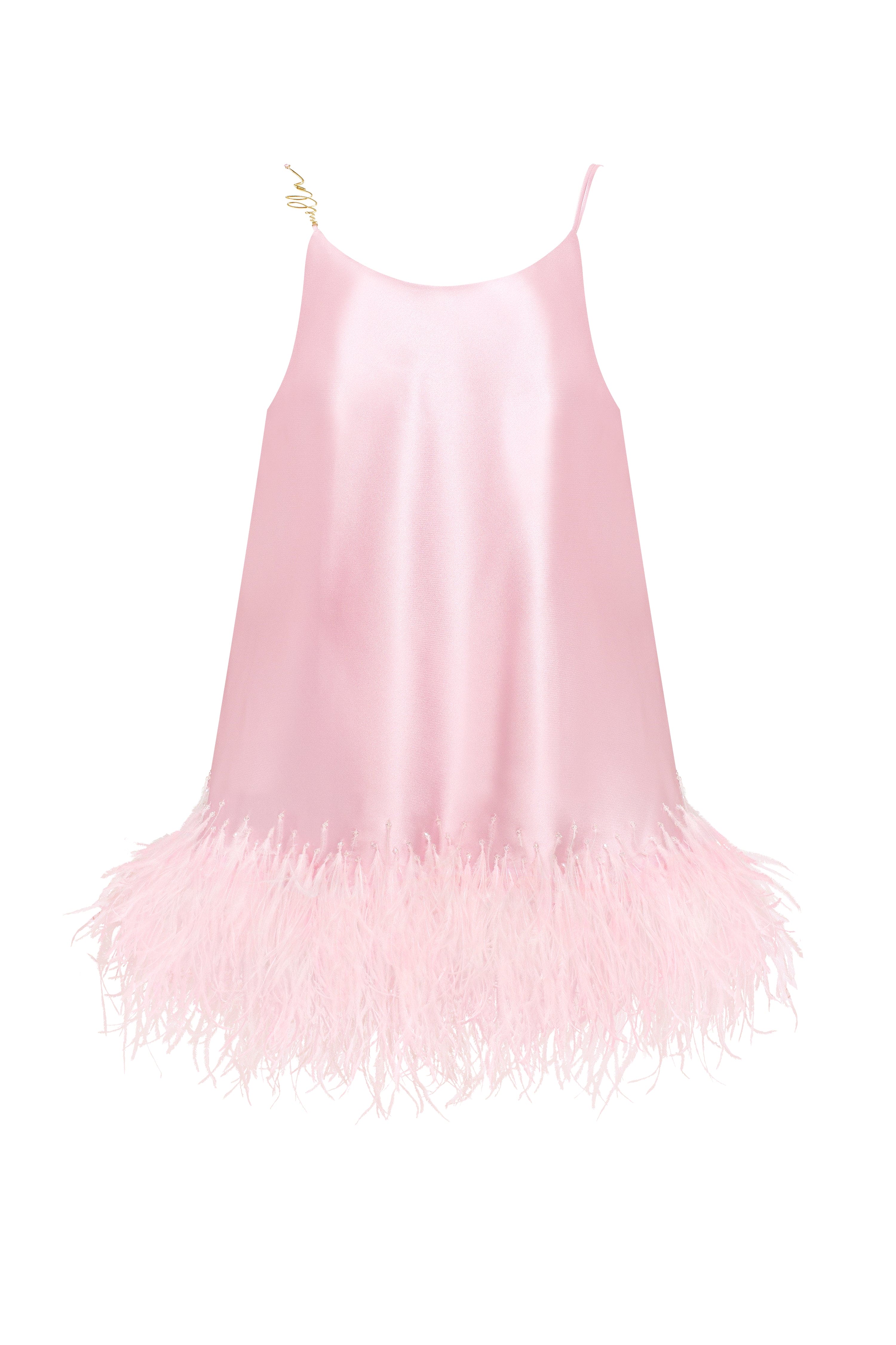 Bohemian pink feather-trimmed slip mini dress, Xo Xo