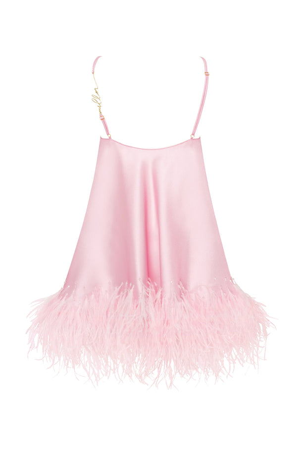 Bohemian pink feather-trimmed slip mini dress, Xo Xo