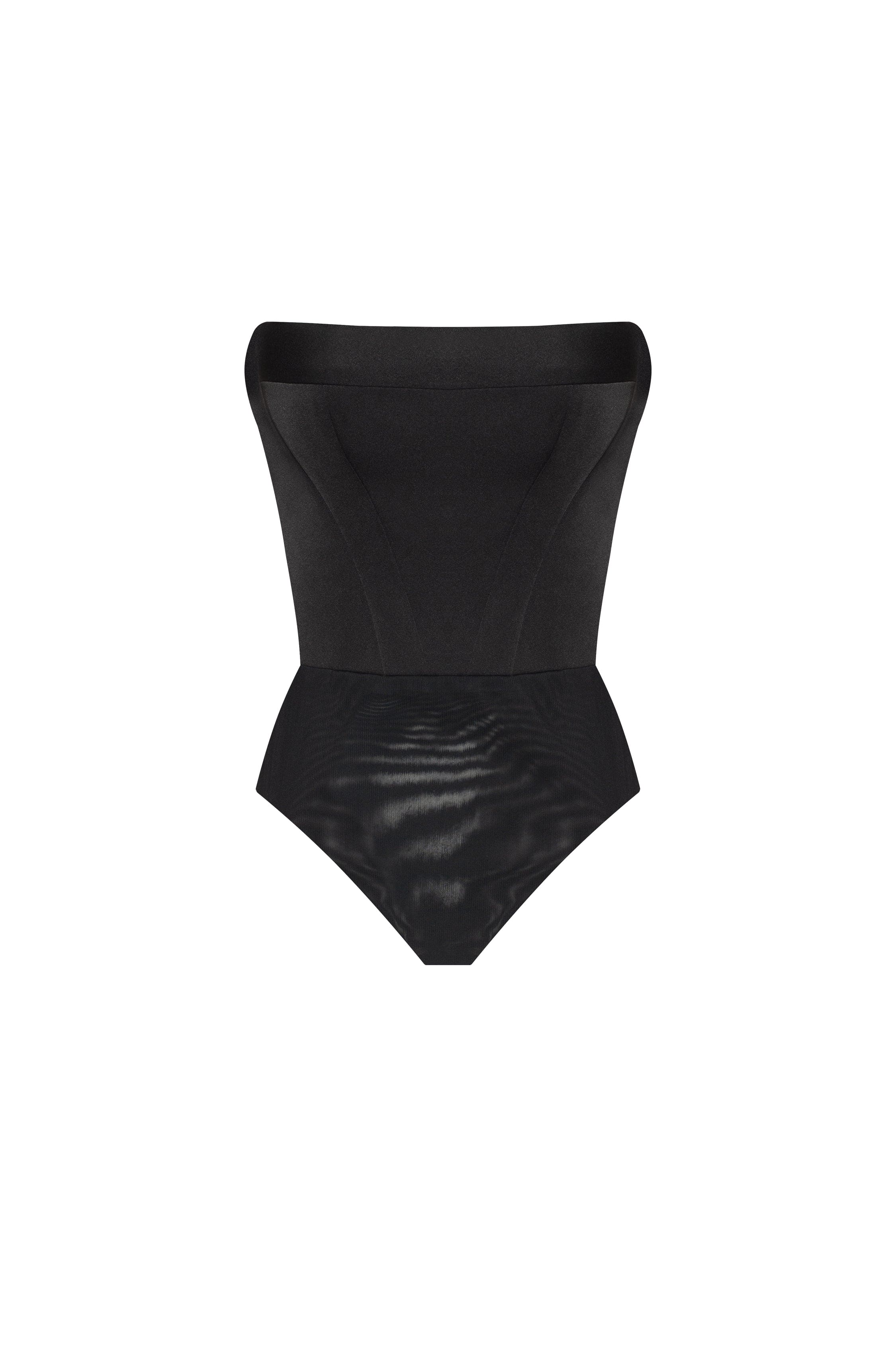 Black strapless satin bodysuit