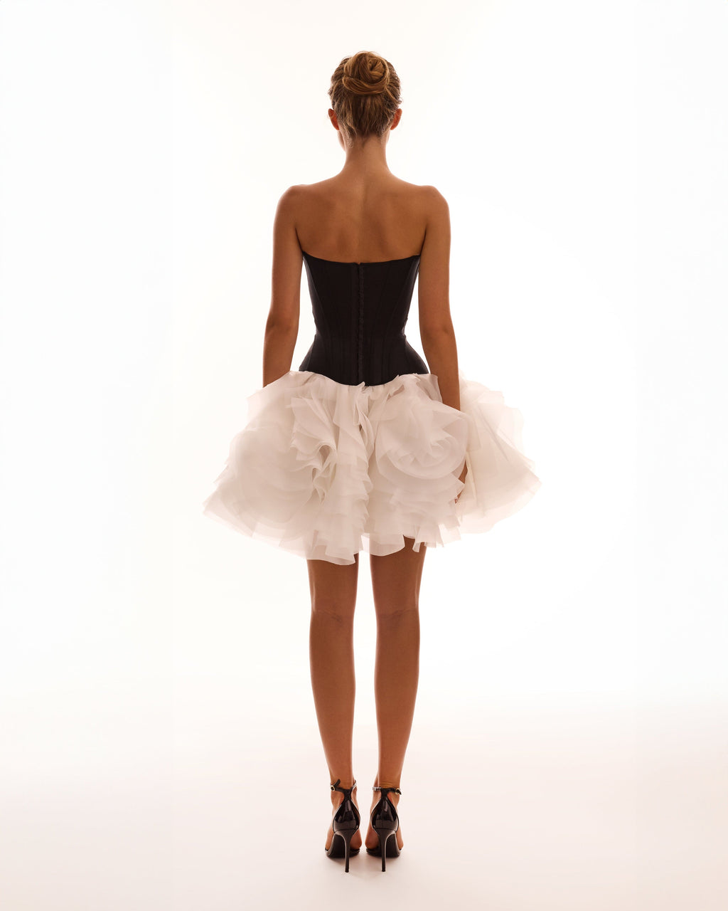 Danceable mini skirt with ruched flower appliques in white, Midnight Walk