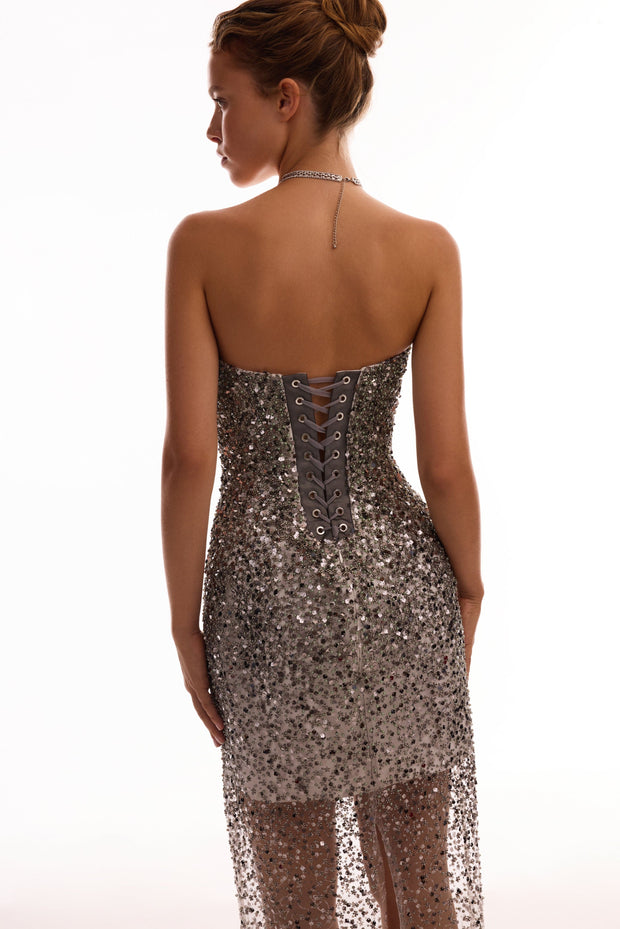 Entrance-worthy semi-sheer sequined silver maxi dress, Midnight Walk