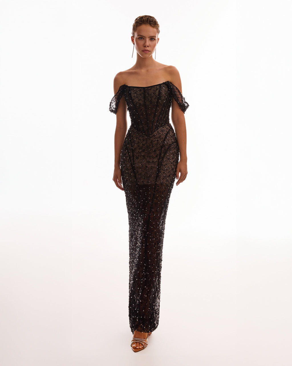 Striking black sequined fitted maxi dress 