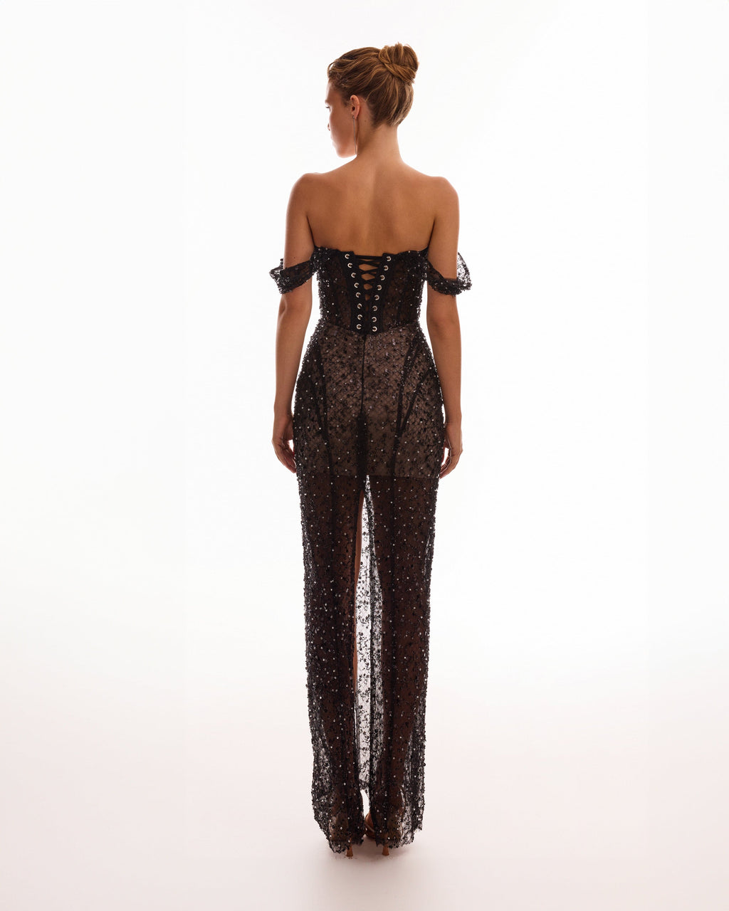 Striking black sequined fitted maxi dress, Midnight Walk