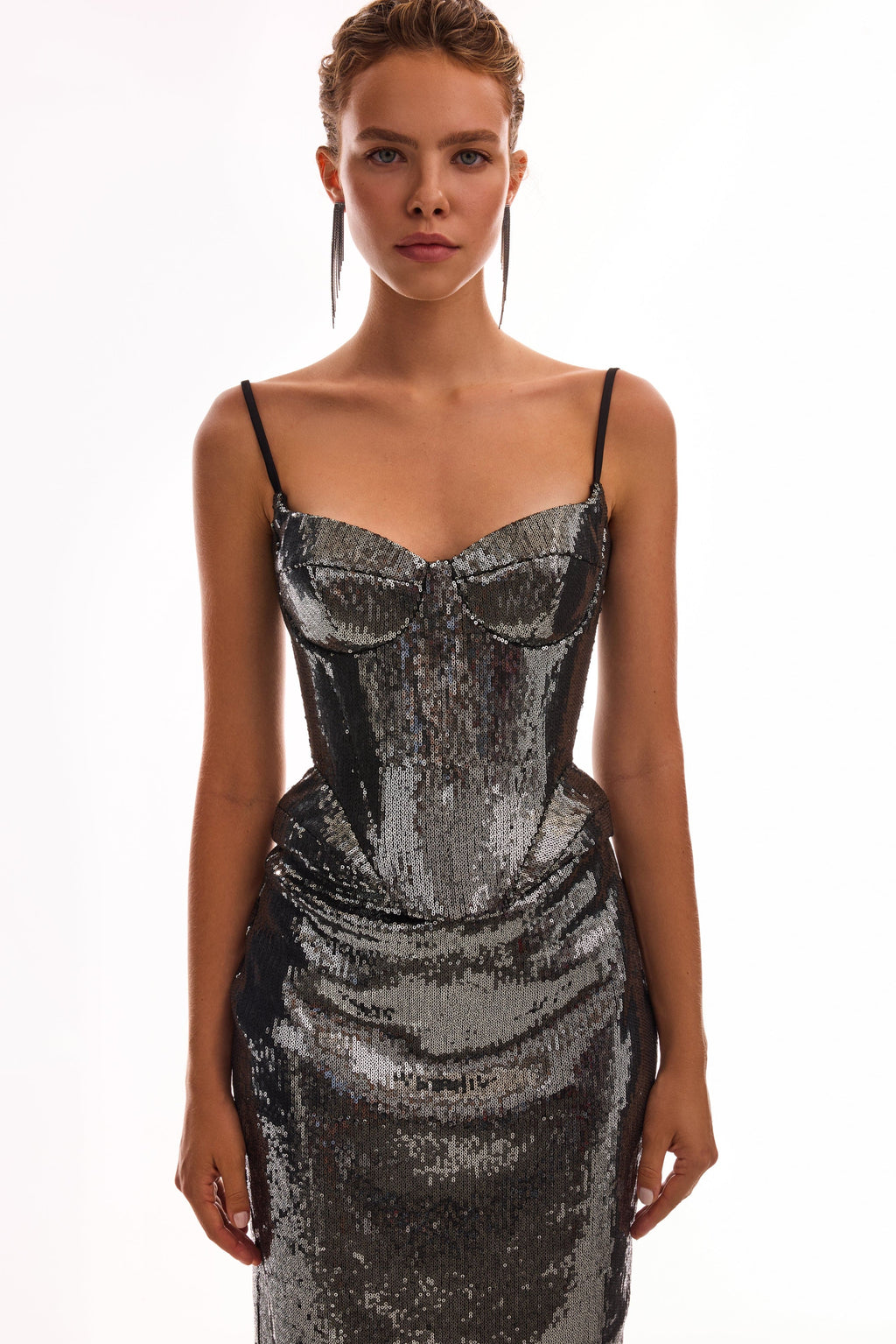 Sensational spaghetti straps sequined gray corset, Midnight Walk