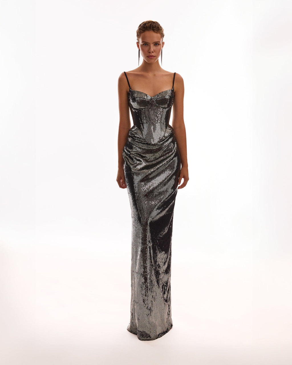 Dramatic fitted sequined gray maxi skirt