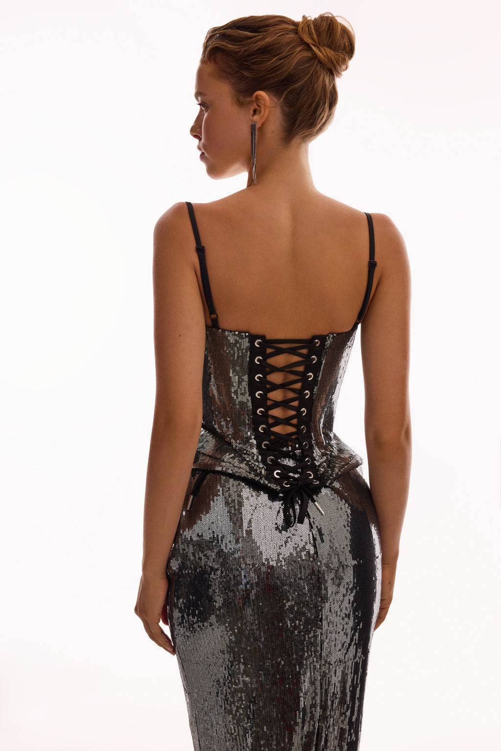 Sensational spaghetti straps sequined gray corset, Midnight Walk