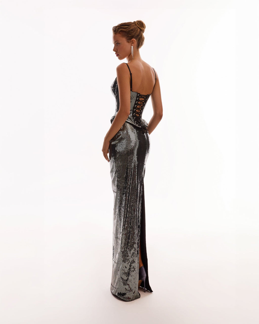 Dramatic fitted sequined gray maxi skirt, Midnight Walk