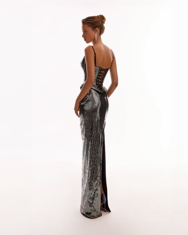 Dramatic fitted sequined gray maxi skirt