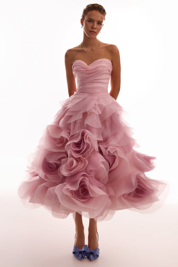 Dramatic flowered organza midi dress in misty rose, Glow-Up