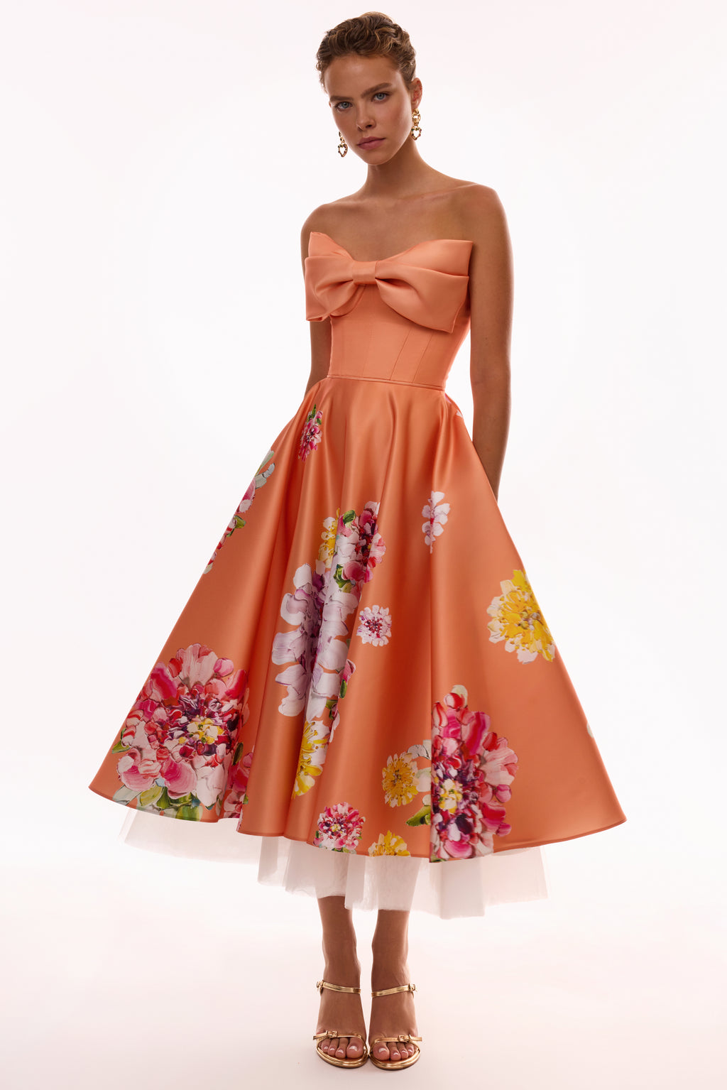 Playful orange floral midi dress with bow, Glow-Up