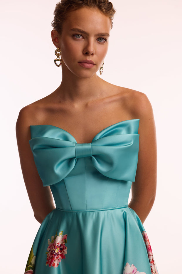 Playful aquamarine floral midi dress with bow, Glow-Up