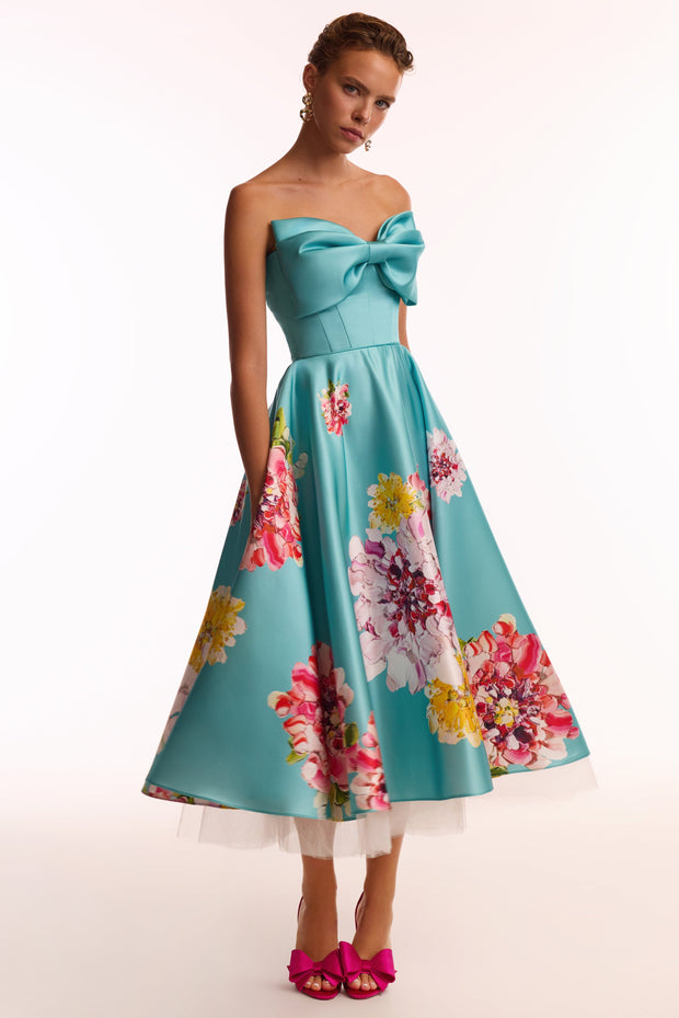 Playful aquamarine floral midi dress with bow, Glow-Up