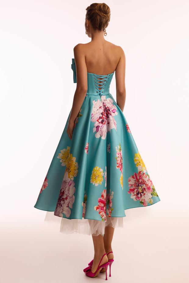 Playful aquamarine floral midi dress with bow, Glow-Up