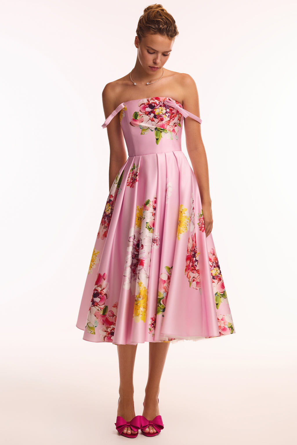 Tea-length pastel pink floral dress, Glow-Up