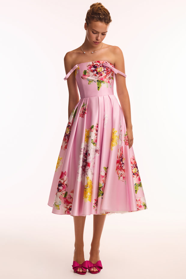 Tea-length pastel pink floral dress, Glow-Up