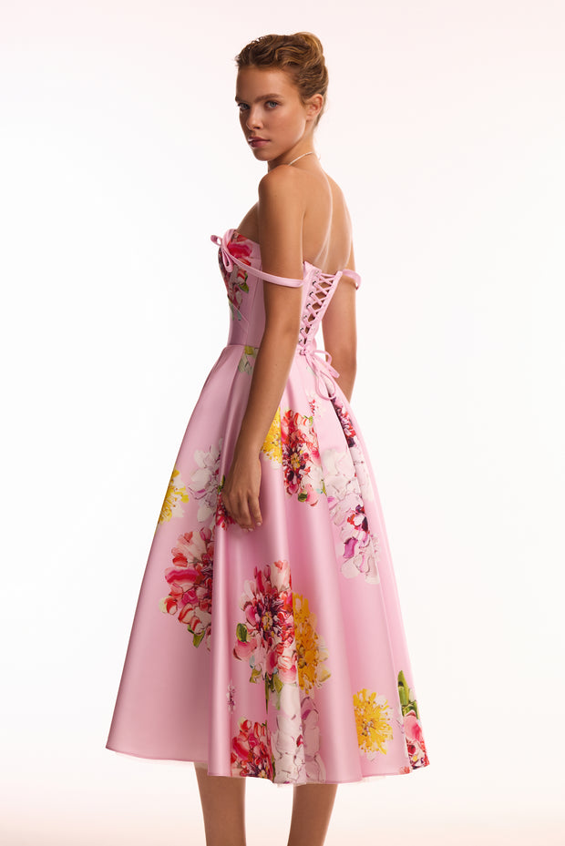 Tea-length pastel pink floral dress, Glow-Up