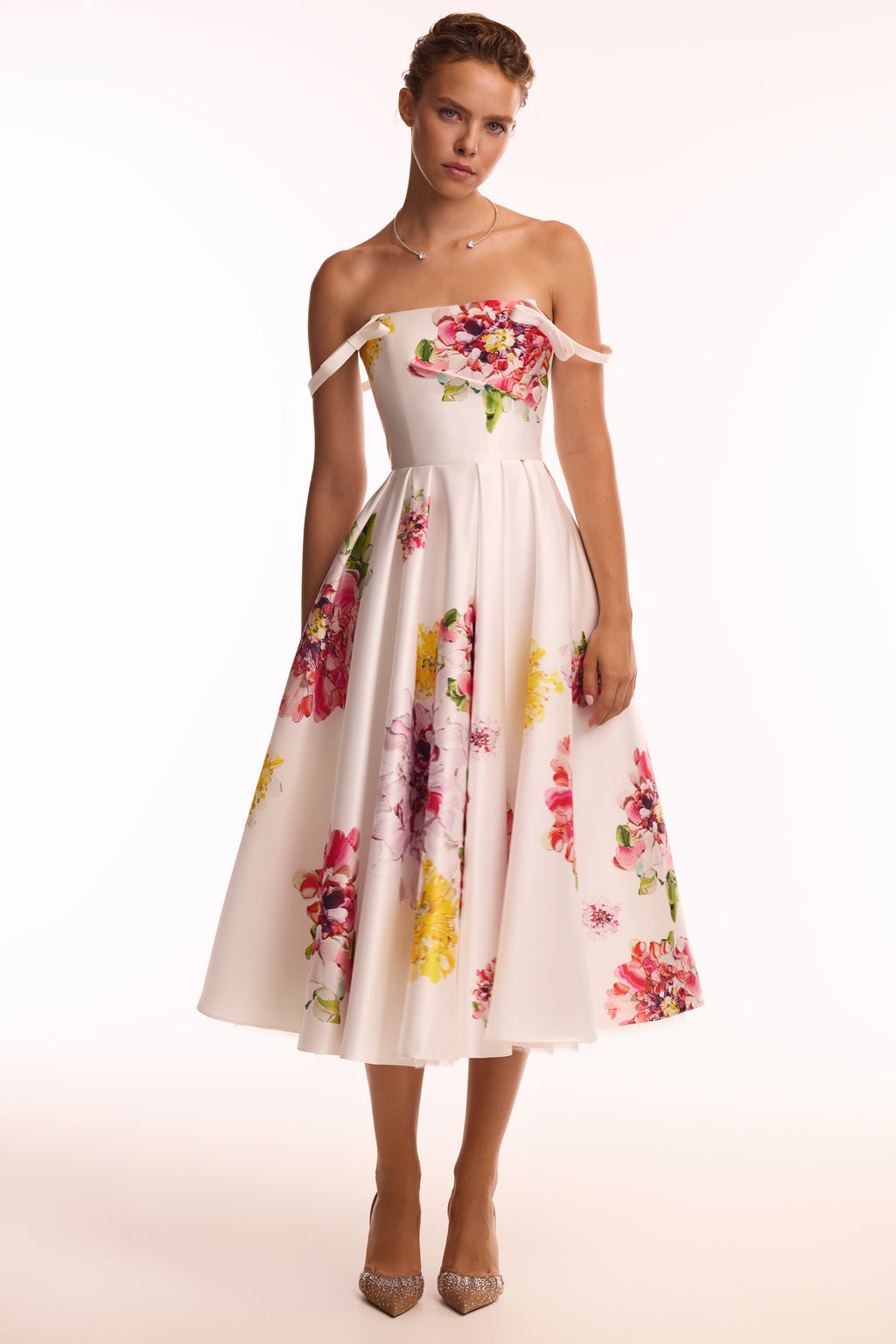 Tea-length ivory floral dress, Glow-Up