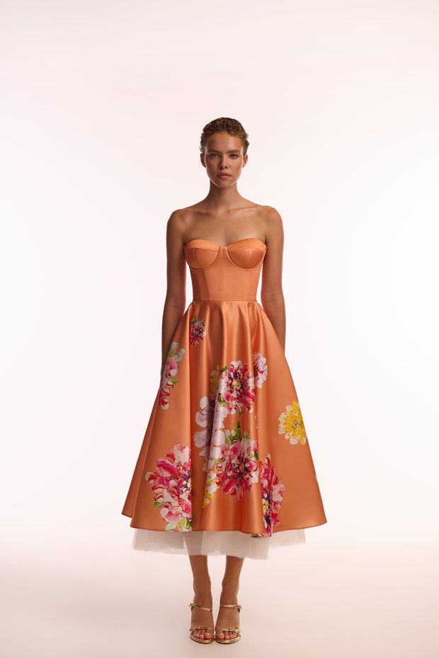 Playful orange floral midi dress with bow, Glow-Up